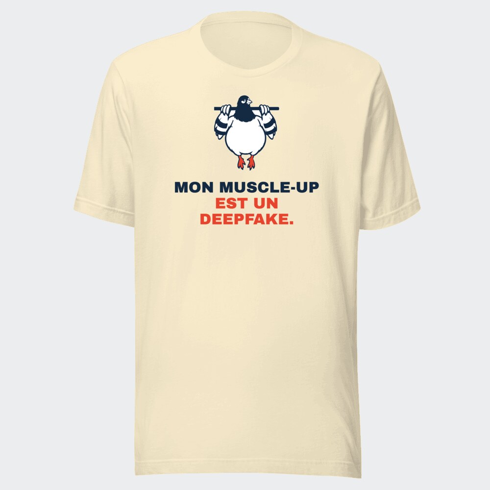T-shirt écru « Mon muscle-up est un deepfake. »