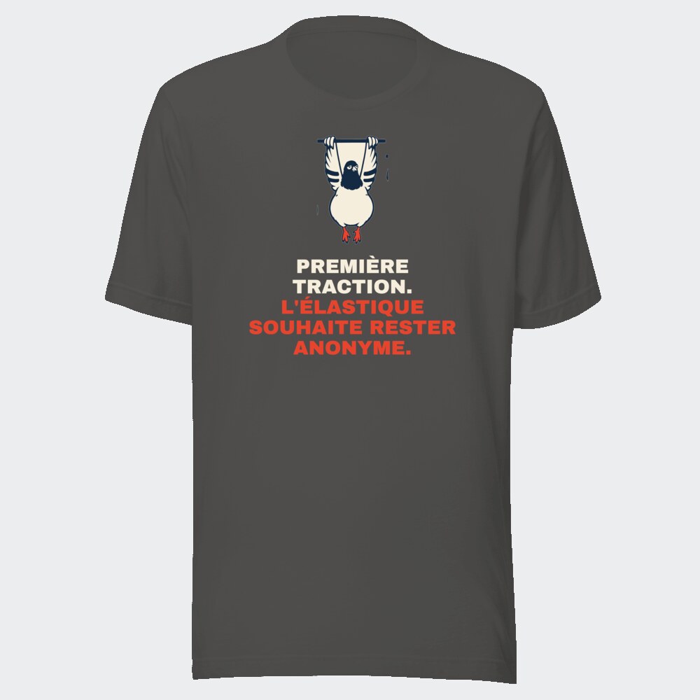 T-shirt anthracite « Première traction. L'élastique souhaite rester anonyme. »