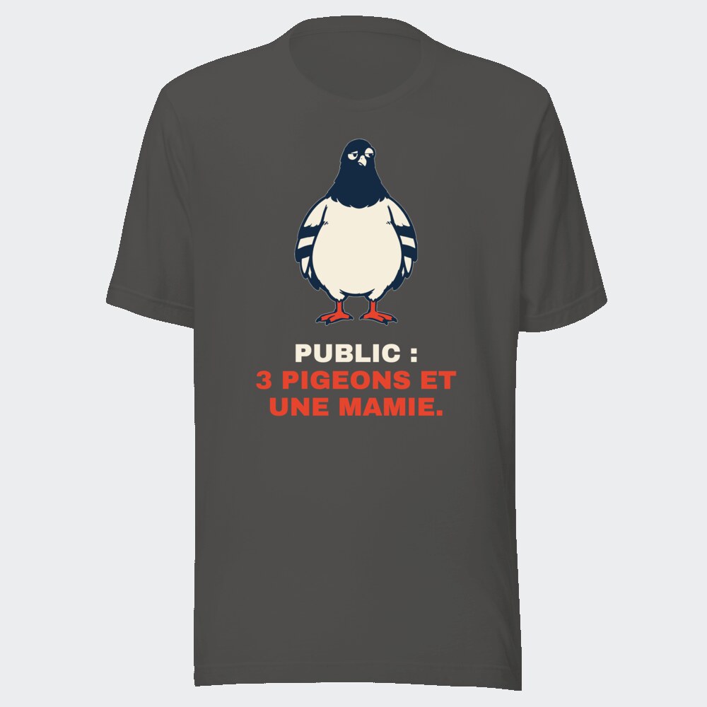 T-shirt anthracite « Public : 3 pigeons et une mamie. »