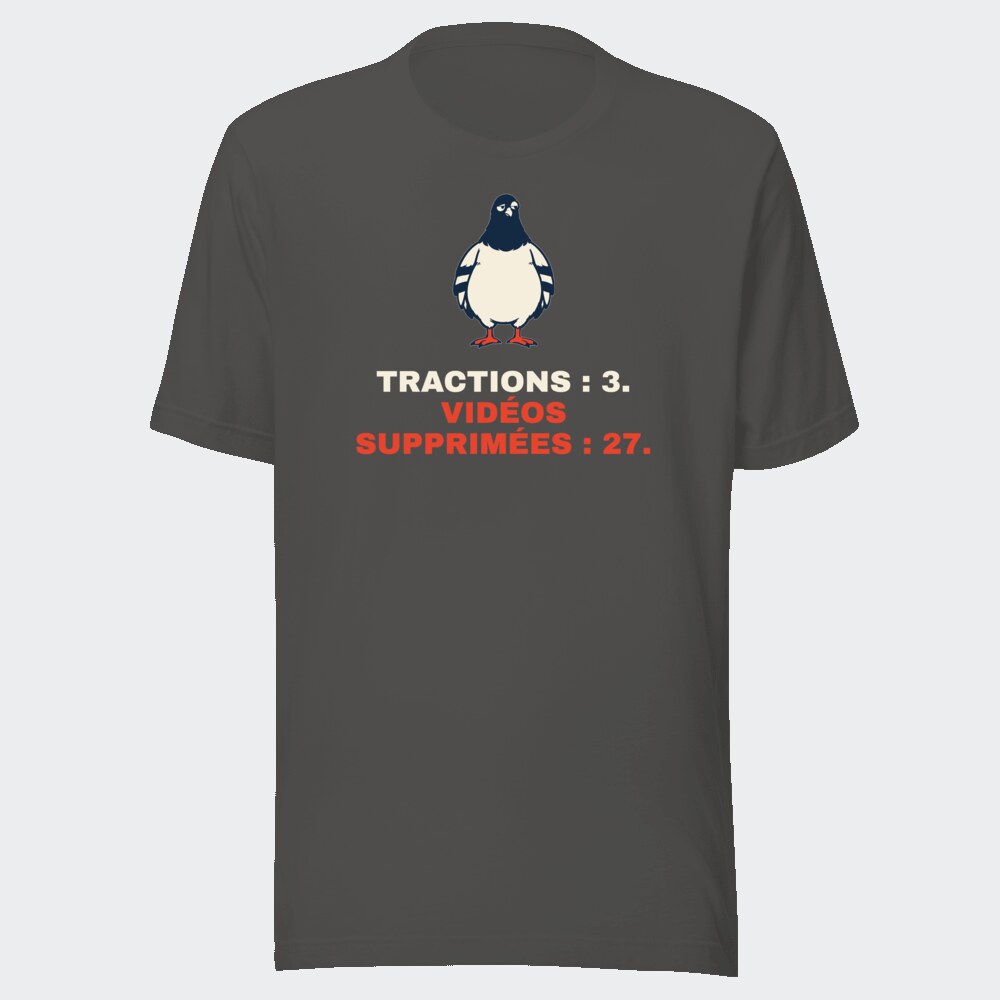 T-shirt anthracite « Tractions : 3. Vidéos supprimées : 27. »